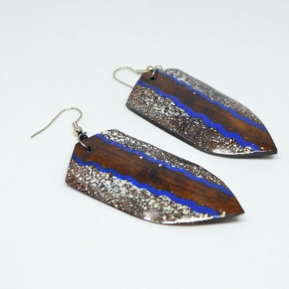 Brown Blue White Large Wood Shield Tribal Earrings - Picture 3 of 4